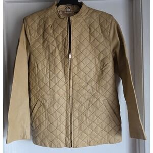 Pamela McCoy Leather Jacket Women L Tan Quilted Collared Coat Biker Classic